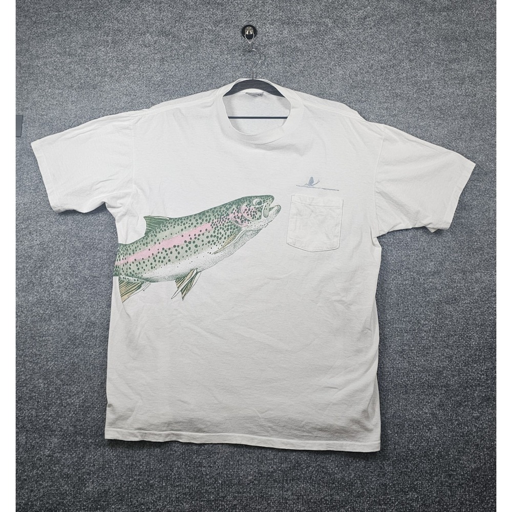 Vintage Oneita Power T Shirt Size XL Pocket Tee Fish Graphic Single Stitch USA